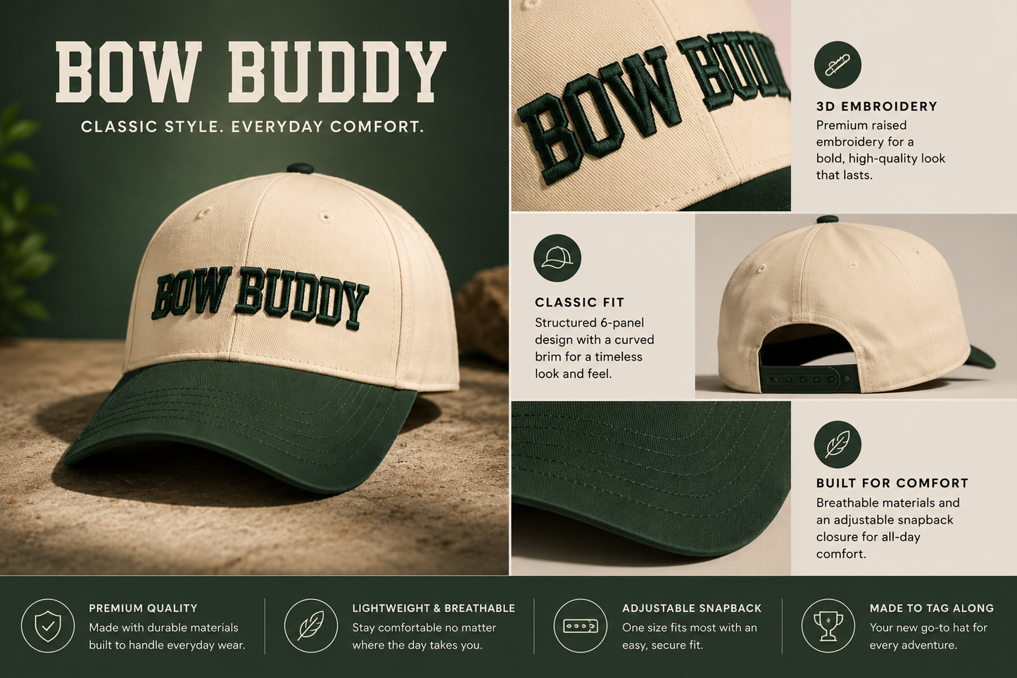 Bow Buddy Premium Snapback Hat – Cream & Forest Green