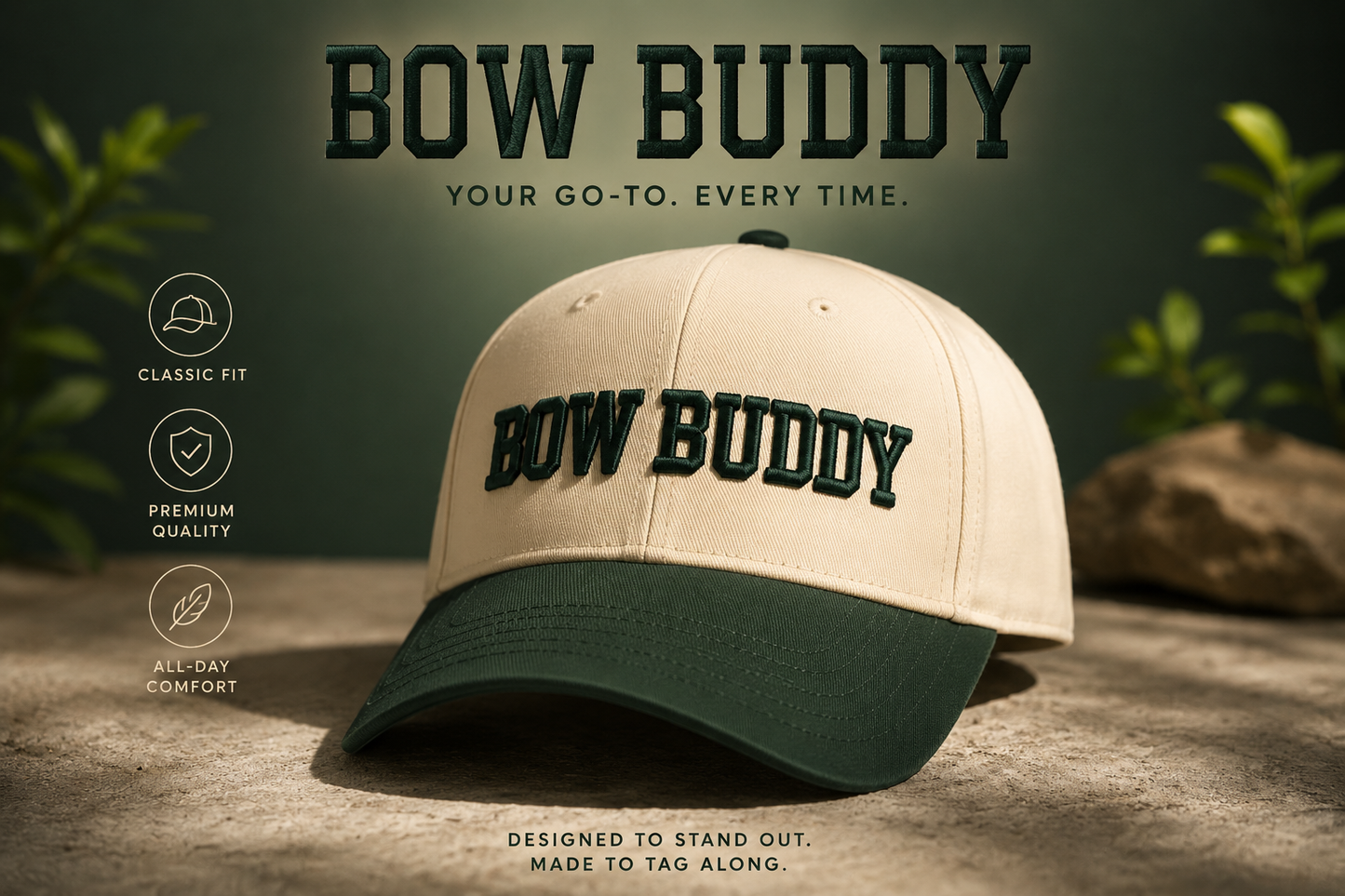 Bow Buddy Premium Snapback Hat – Cream & Forest Green